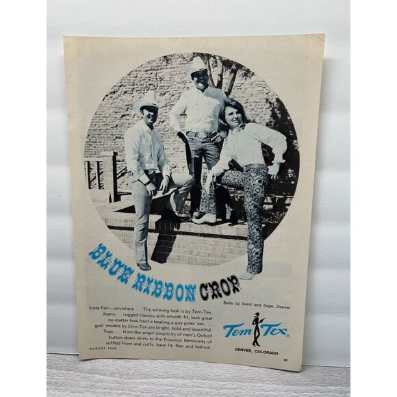Tem-Tex Vintage Print Ad 1970s Blue Ribbon Crop Denim Jeans Cowboys Cowgirl - Picture 6 of 6